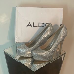 Aldo platform pumps, silver rhinestone.